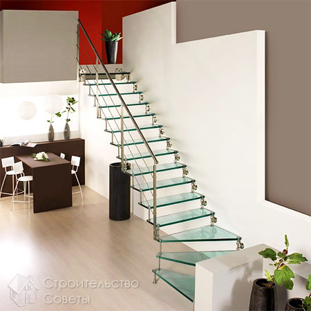 Красивая стеклянная лестница на больцах