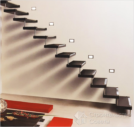 Прямая лестница на больцах с подсветкой и без перил